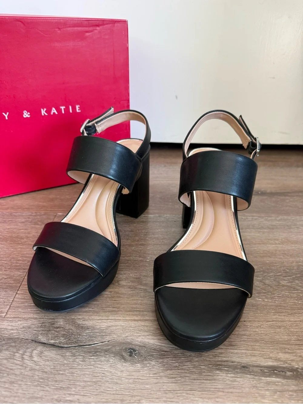 Kelly & Katie Black Platform Block Heel Sandals with Ankle Strap